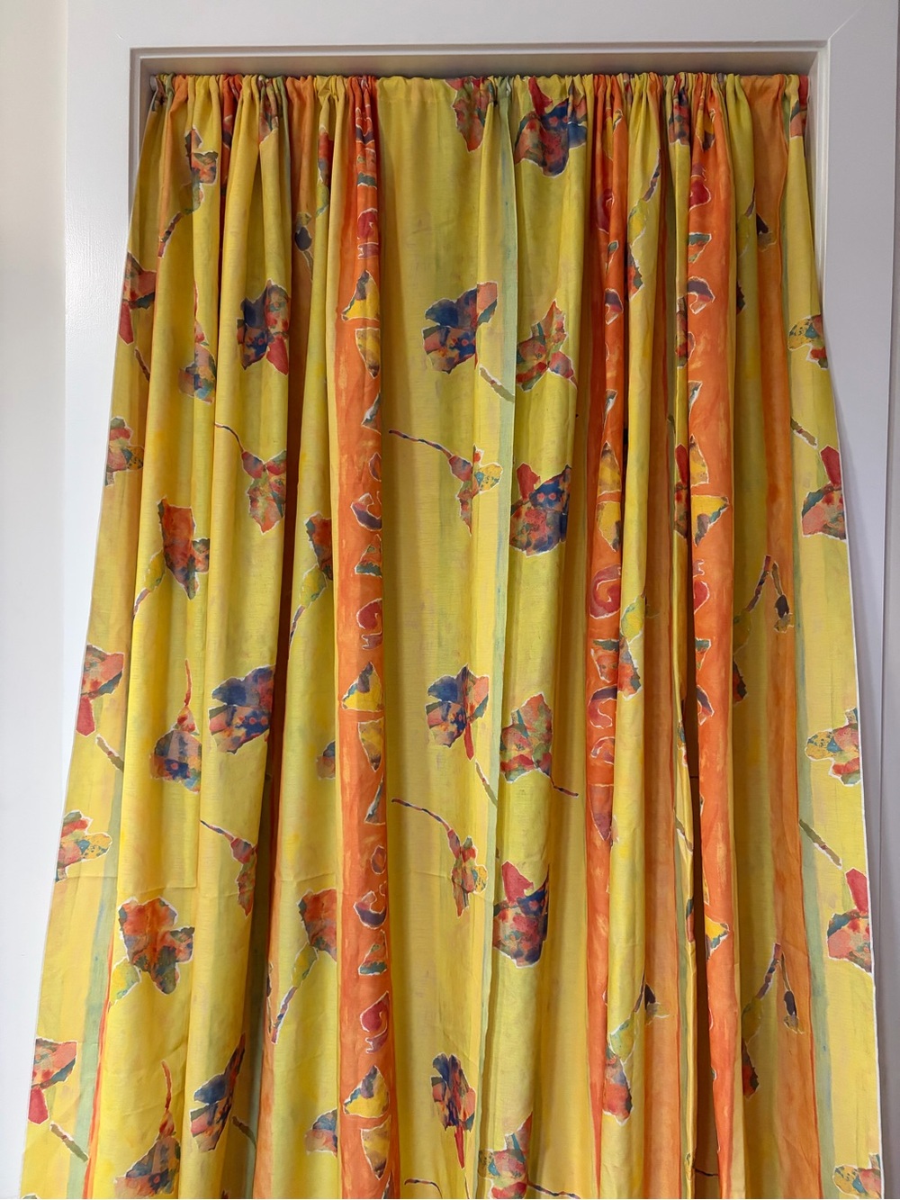 Hand-Sewn Watercolor Floral Pair Curtain Panels in Yellow and Orange -Unhemmed